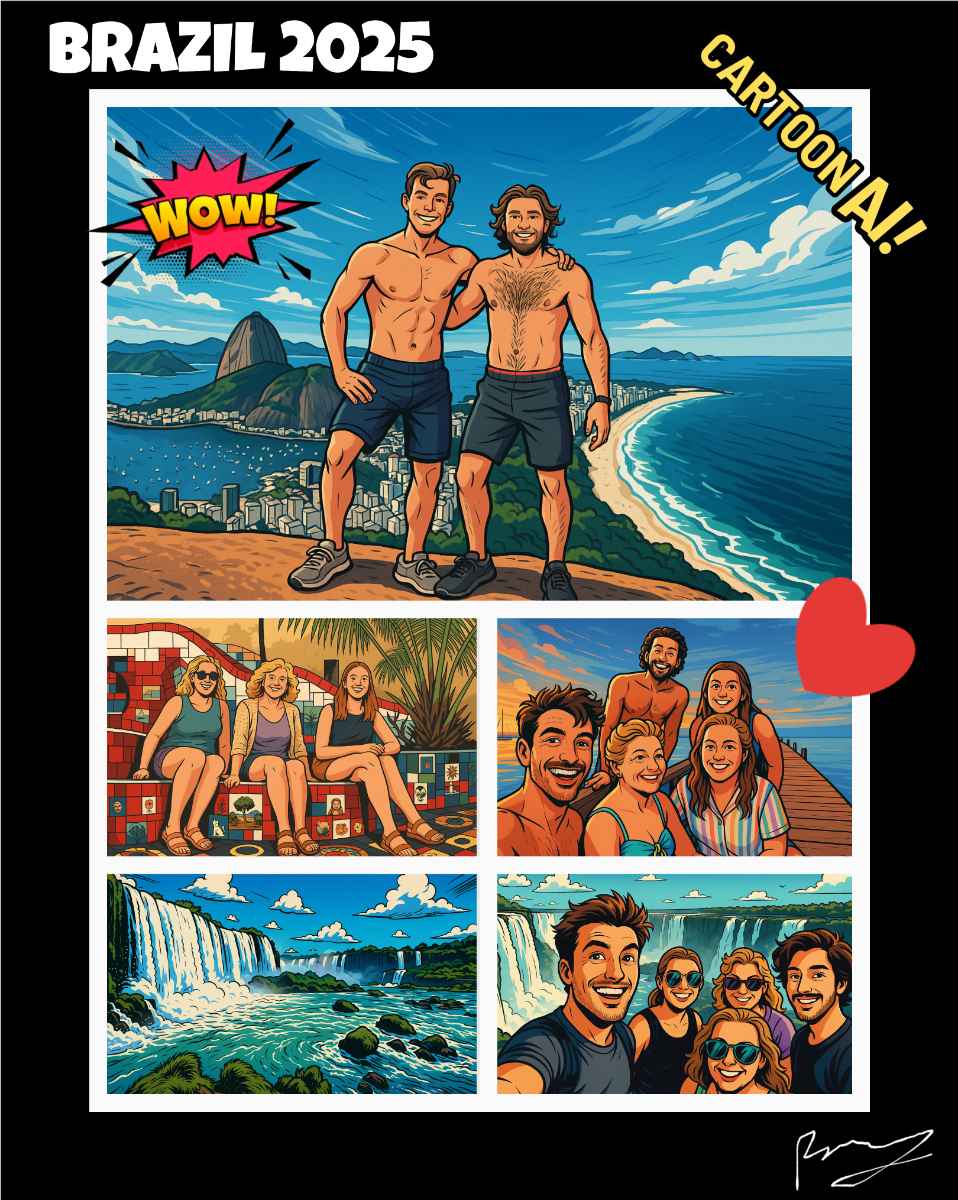 Family holiday photo transformed into colorful cartoon poster art - perfect example of CartoonAI's photo-to-cartoon conversion