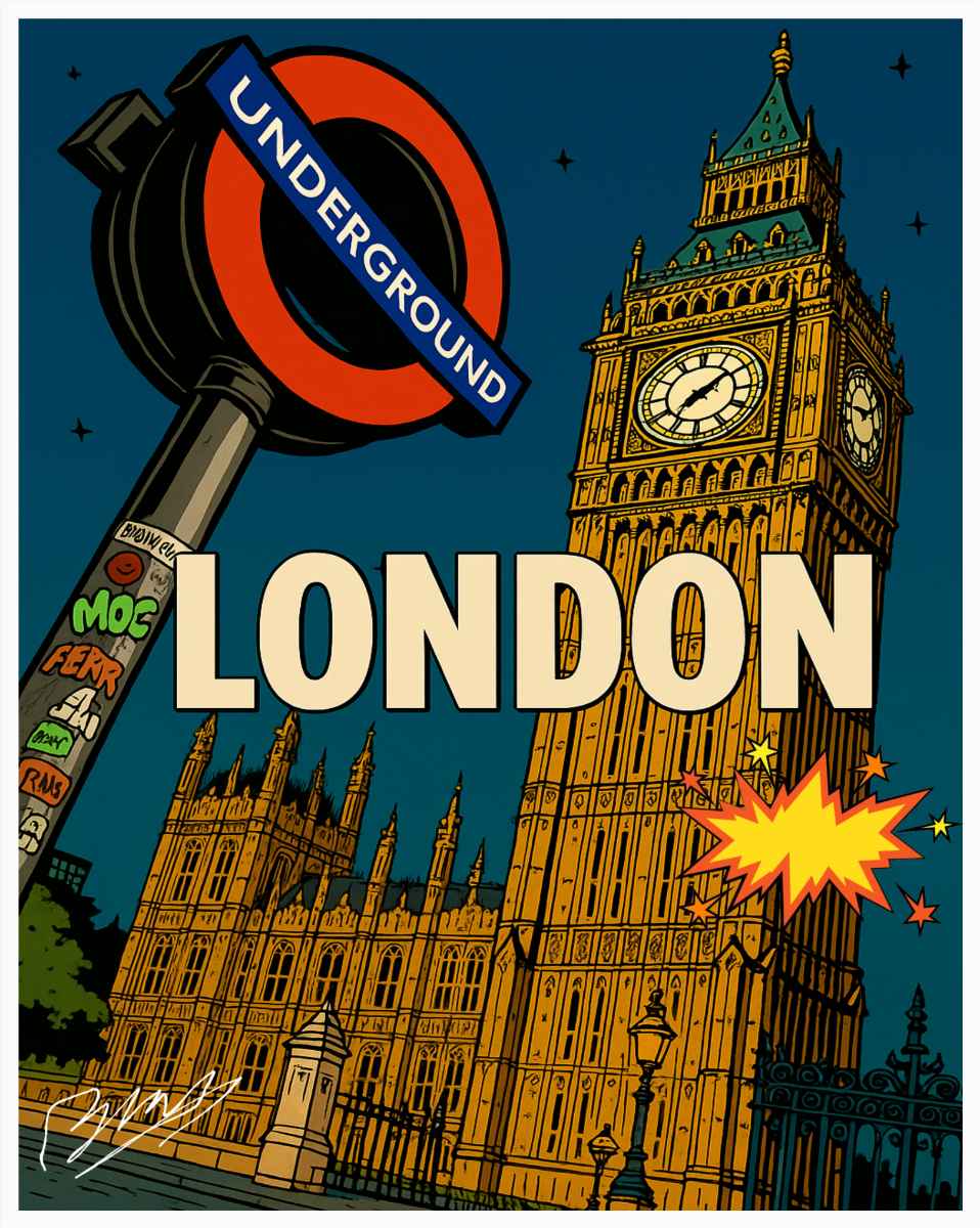 Nighttime city cartoon poster with glowing lights and atmosphere